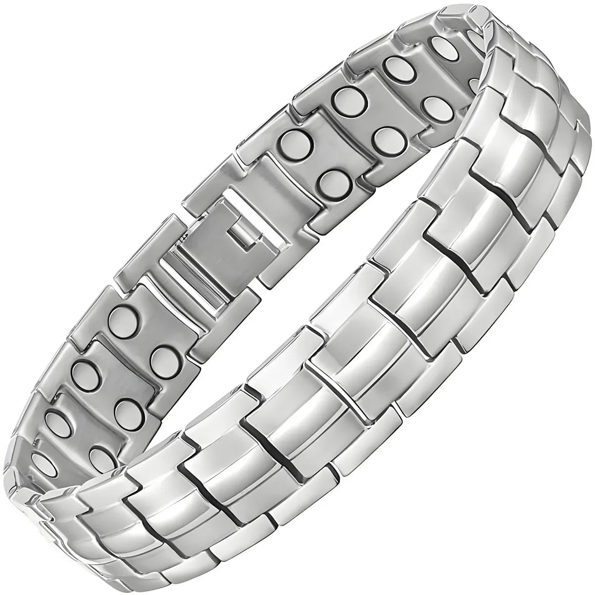 Silver color Magnetic Bracelet for Men Pulsera para Hombres with magnetic accents on a white background