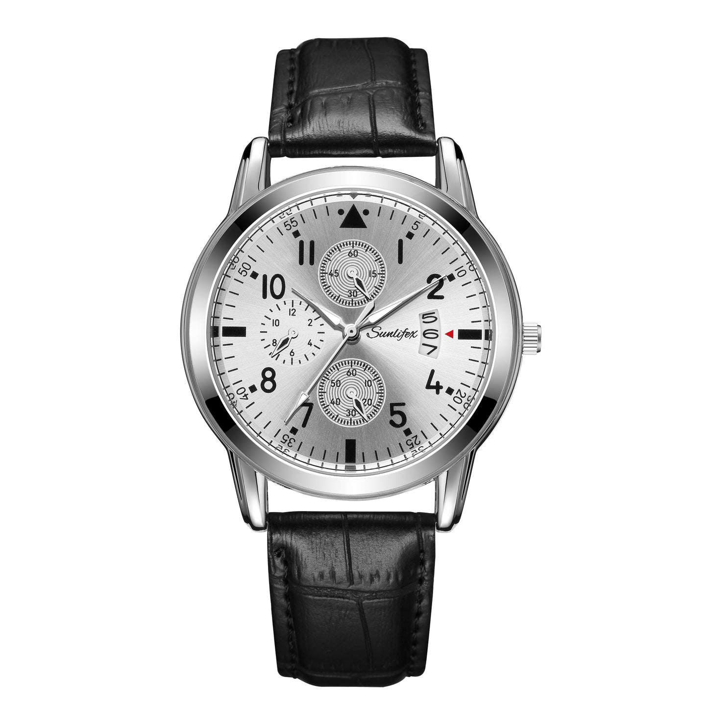 Reloj para Hombre Mens Silver Ray Black Leather Band Watch Shell hard Glass Dial Analog Quartz Wrist Watch Relogio Masculino