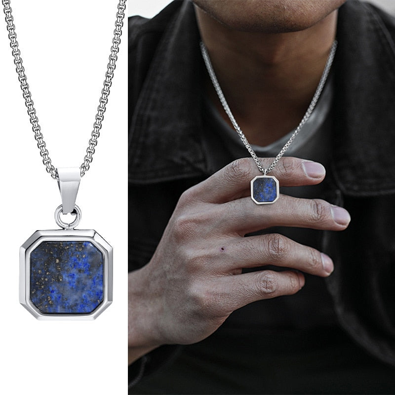 Pendiente y Collar para Hombre Geometric Square Necklaces for Men silver color with blue