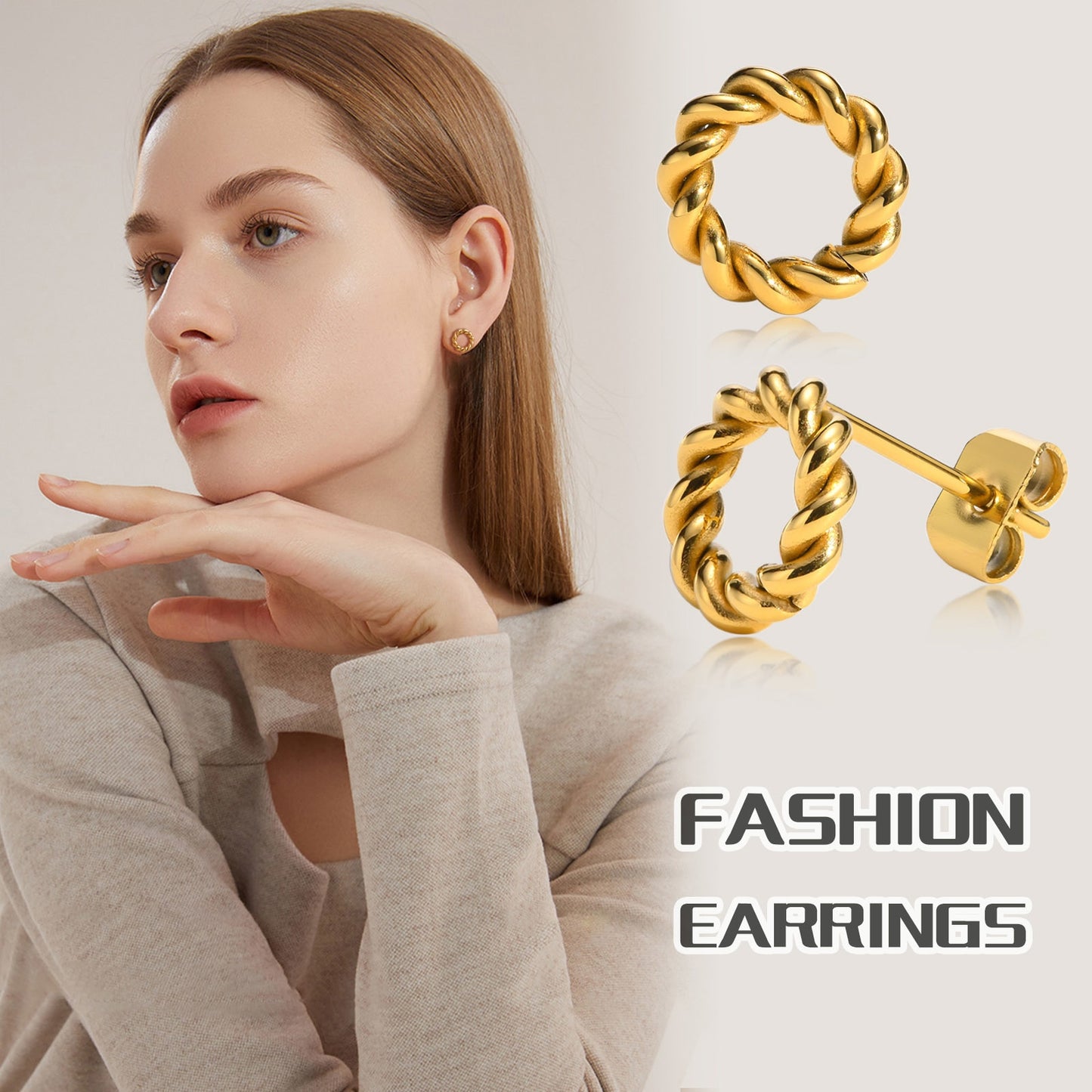 Aretes para mujeres Gold Color Twisted Metal Rope Circle Earrings for Women, Simple Stainless Steel Stud Earrings, Minimalist Streetwear Jewelry