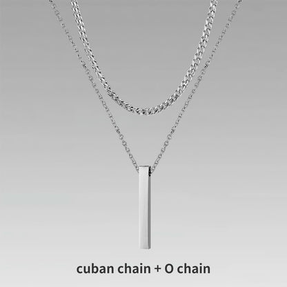 Pendiente y Collar para Hombre 3D Vertical Bar Necklaces for Men silver color cuban chain