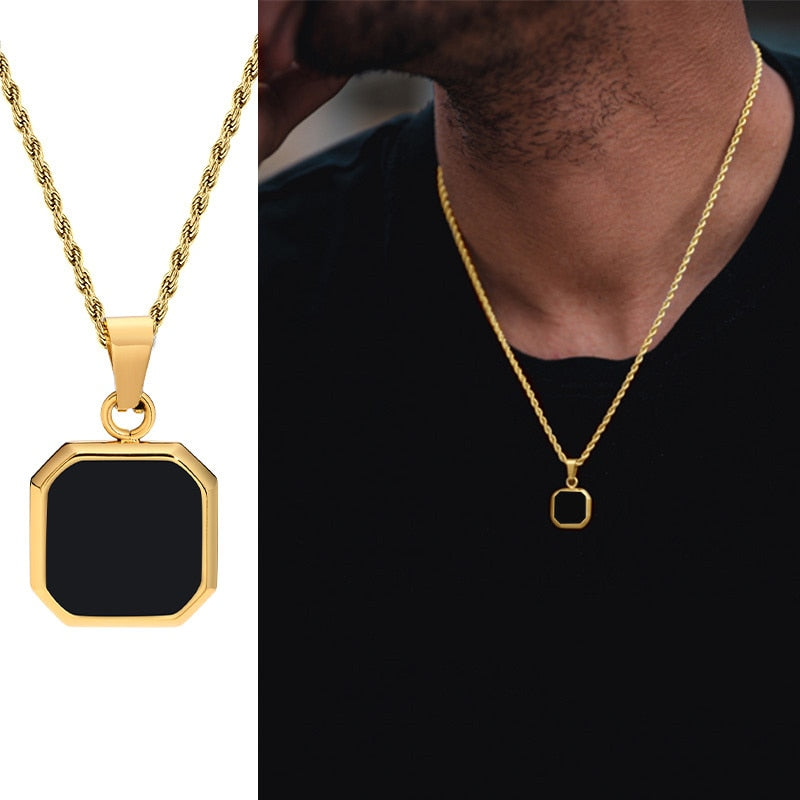 Pendiente y Collar para Hombre Geometric Square Necklaces for Men gold color with black