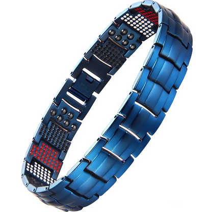 Blue metal bracelet with a white background