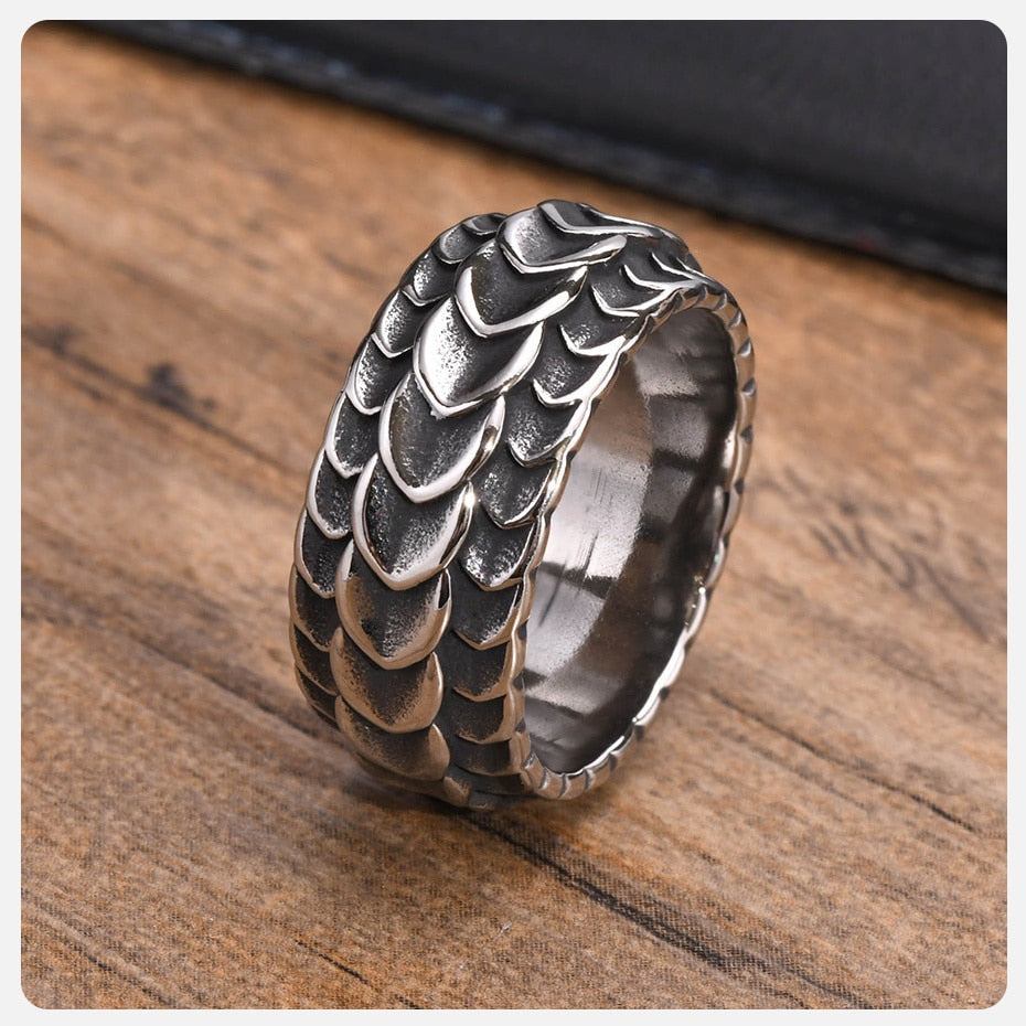 Anillo para Hombre o Mujer Rock Punk Viking Dragon Carved Surface Rings for Men Jewelry, Vintage Silver Color Stainless Steel Male Finger Bands