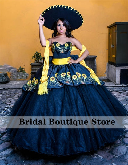 Quinceanera Dress Mexican Embroidery Black Ball Gown With Bow Sweet 16 Dress Vestido De 15 Anos Lace-Up