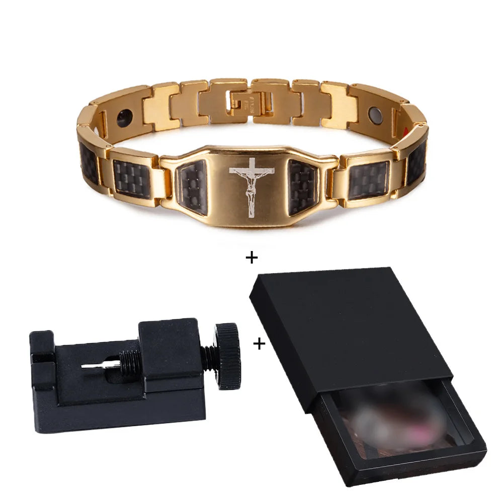 Men's Bracelet Pulsera para hombres Jesus Magnetic Bracelet Homme Carbon Fibre Stainless Steel 21CM Health Energy Magnet Jewelry