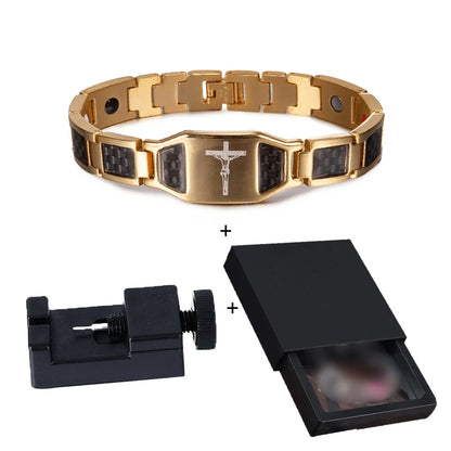 Men's Bracelet Pulsera para hombres Jesus Magnetic Bracelet Homme Carbon Fibre Stainless Steel 21CM Health Energy Magnet Jewelry