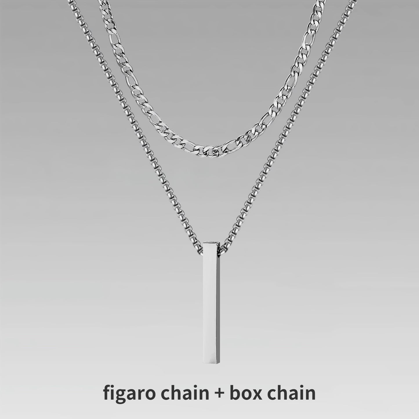 Pendiente y Collar para Hombre 3D Vertical Bar Necklaces for Men figaro chain silver color