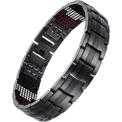 Black metal magnetic therapy bracelet on a white background