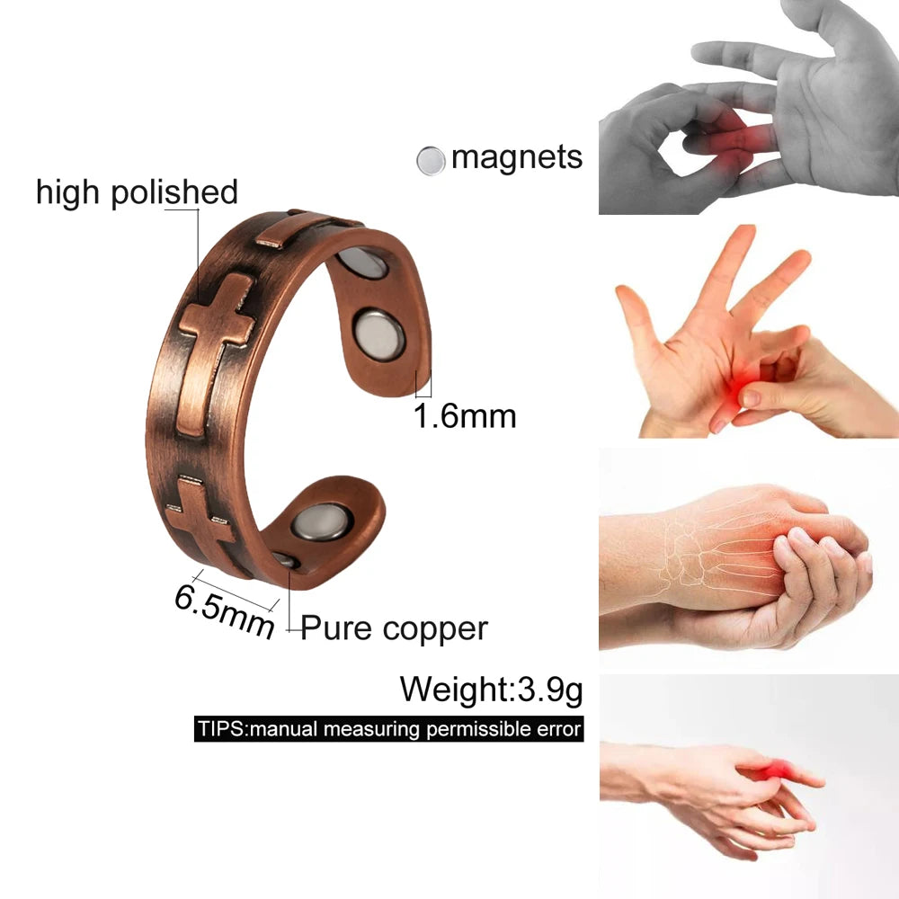 Anillo para Hombres o Mujeres Ring for Men or Women Pure Copper Magnetic Rings Cross 6.5mm Adjustable ring Resizable