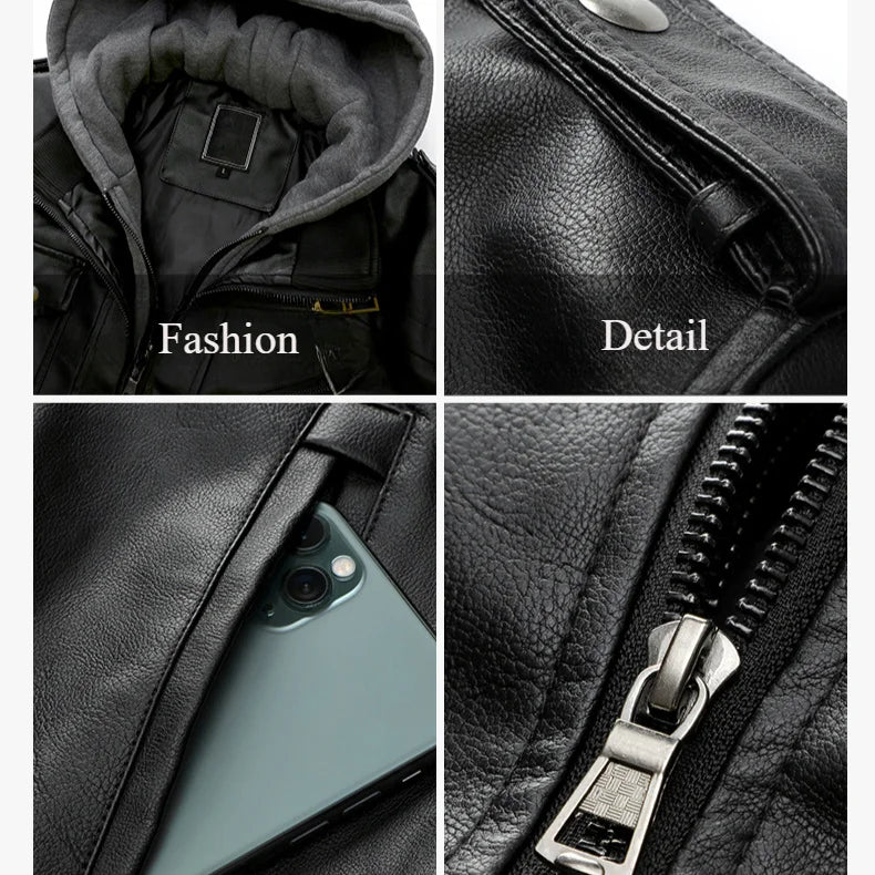 Chamarra para hombres Men's Fall Winter Jacket PU Leather Jackets Stand-up Collar Motorcycle Biker Clothing Casual Detachable Hooded Coats
