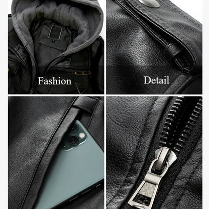 Chamarra para hombres Men's Fall Winter Jacket PU Leather Jackets Stand-up Collar Motorcycle Biker Clothing Casual Detachable Hooded Coats