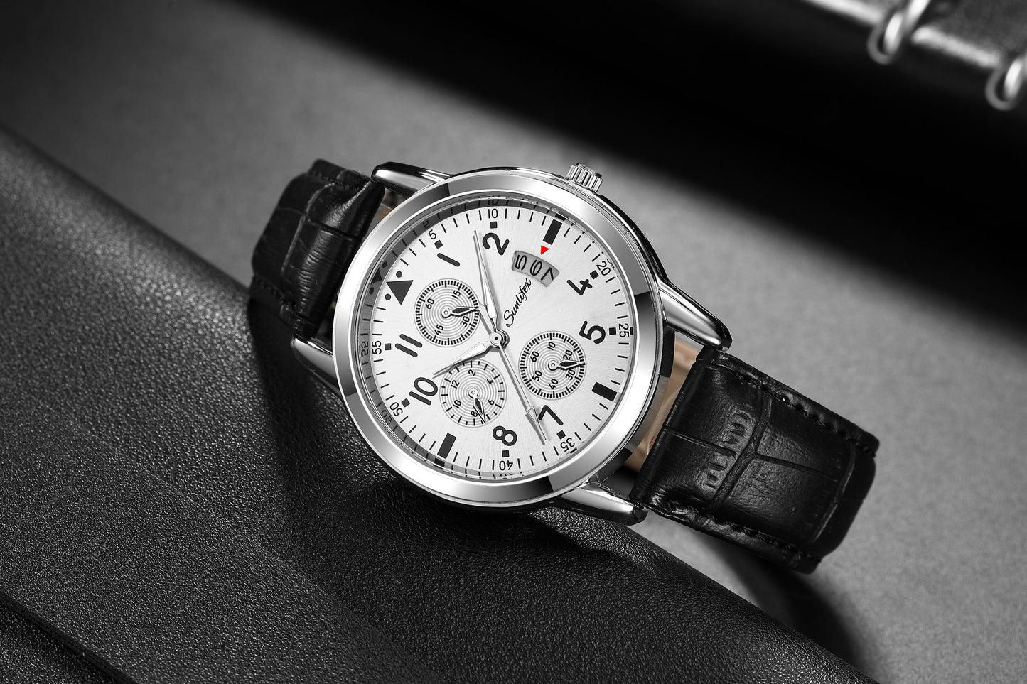 Reloj para Hombre Mens Silver Ray Black Leather Band Watch Shell hard Glass Dial Analog Quartz Wrist Watch Relogio Masculino