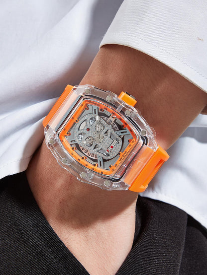 Reloj para Hombre Personality Transparent Sport Retro Gear Machine Quartz Watch Alloy Rubber Band Quartz Watch