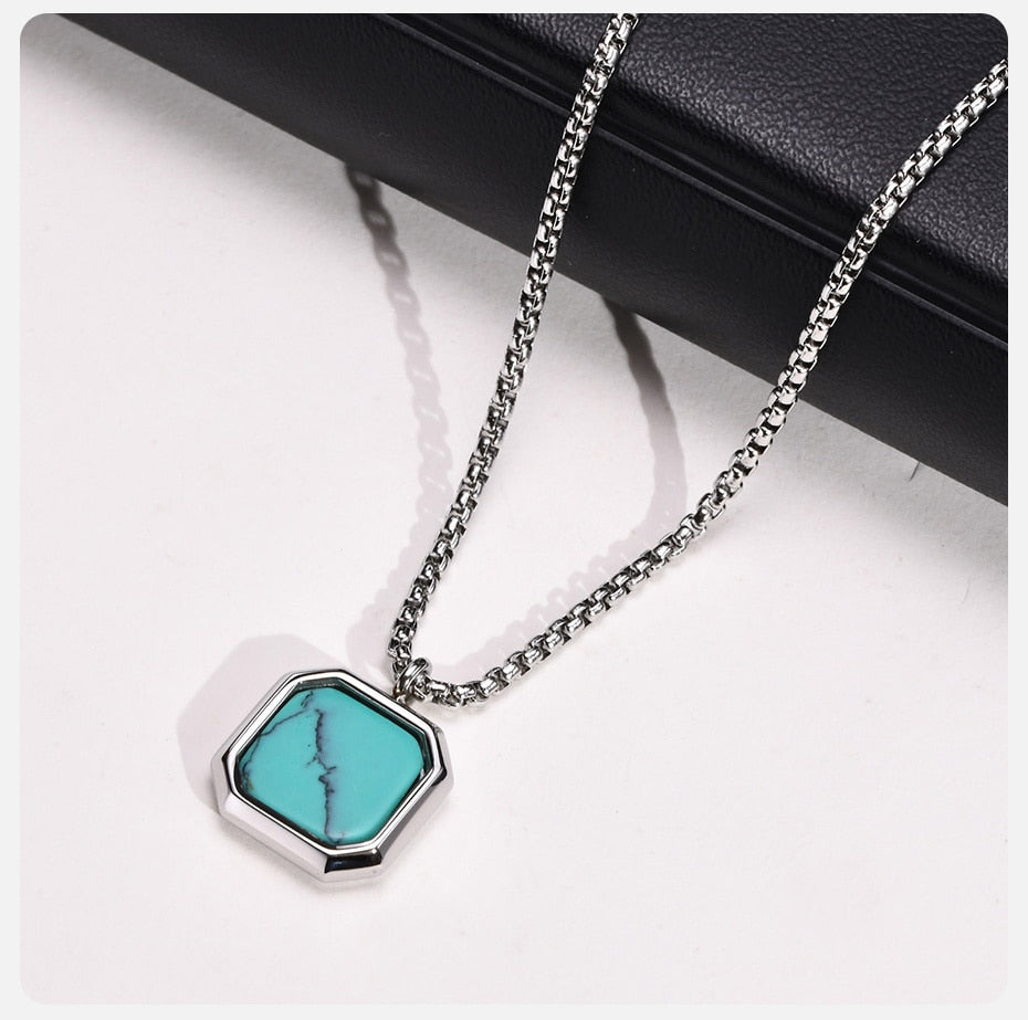 Pendiente y Collar para Hombre o Mujer Square Natural Stone Necklaces for Men, Stylish Punk Stainless Steel Geometric Polygon Pendant Boy Male Gift Jewelry