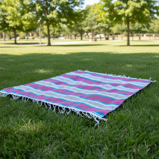 Zarape Mexicano TM-Falsa-45 Blue-Fuchsia Mexican Serape Yoga Mat Picnic Blanket