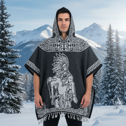 Jorongo Mexicano TM-LMGA011 Gaban con capucha Romance Azteca y Guerrero Azteca Design Hooded Mexican Poncho