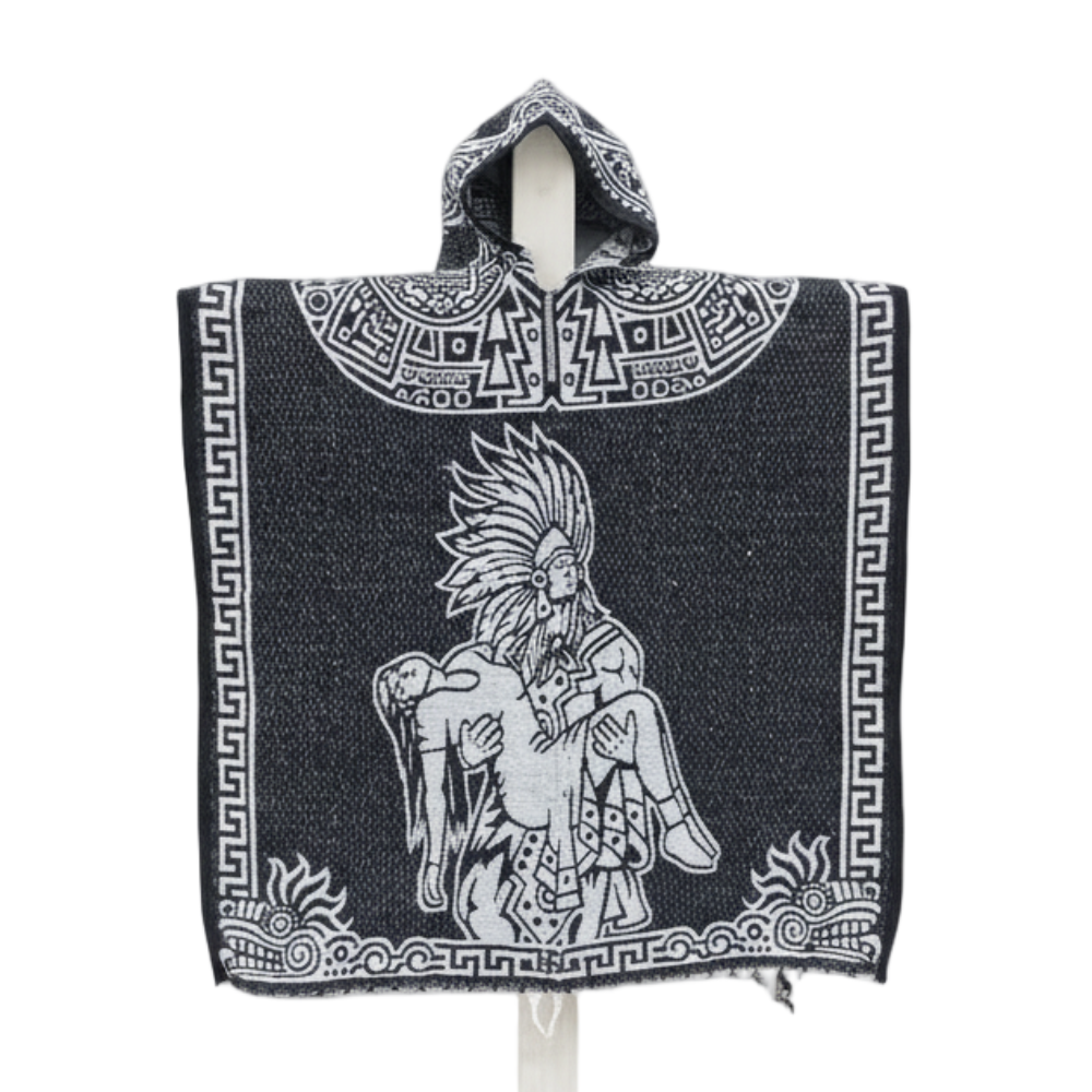 Jorongo Mexicano TM-LMGA011 Gaban con capucha Romance Azteca y Guerrero Azteca Design Hooded Mexican Poncho