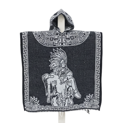 Jorongo Mexicano TM-LMGA011 Gaban con capucha Romance Azteca y Guerrero Azteca Design Hooded Mexican Poncho