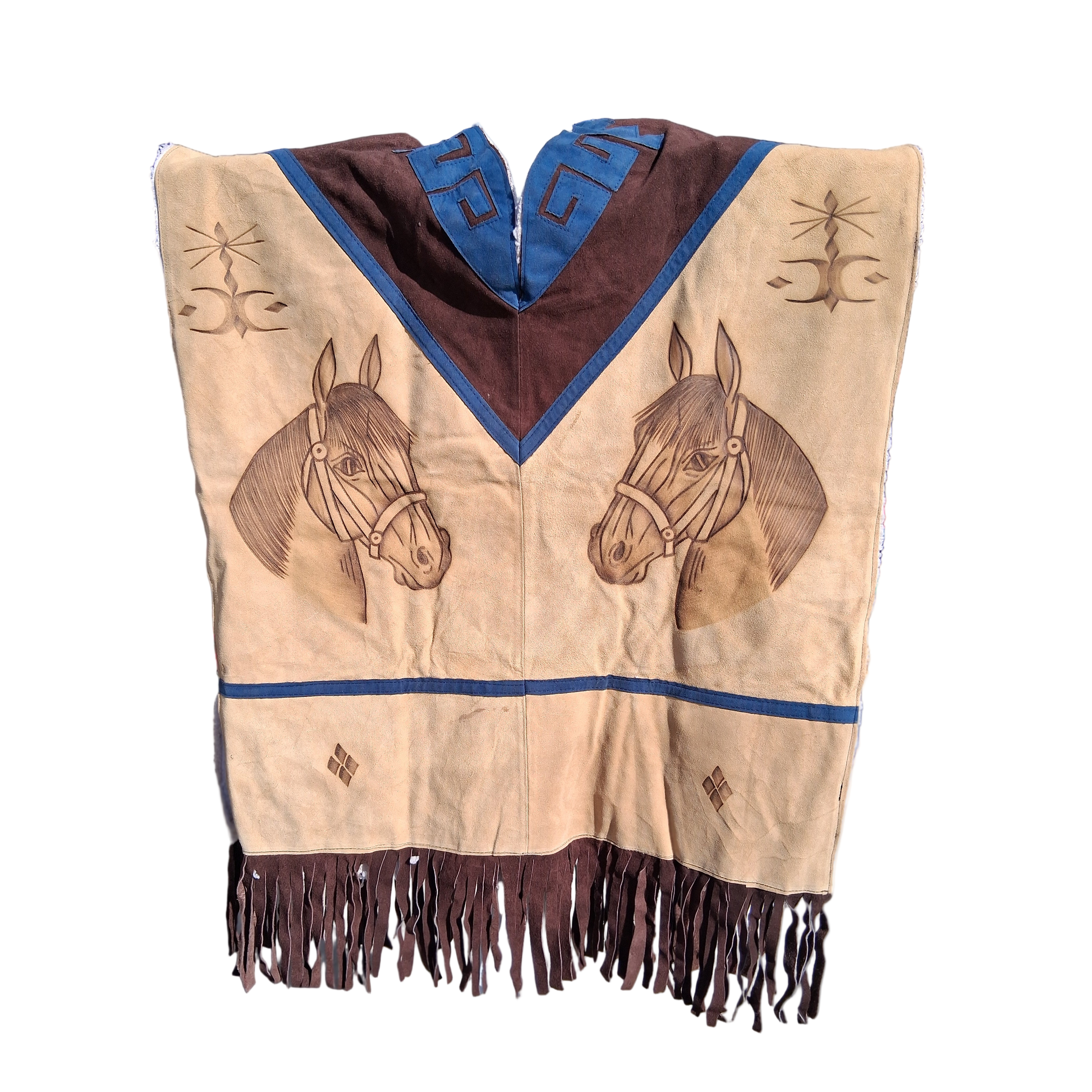 Jorongo Mexicano TM-LMGC002 Gaban de Cuero Pirograbado Leather Mexican Poncho with Pyrography Art Front View