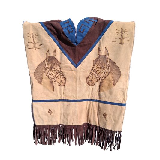Jorongo Mexicano TM-LMGC002 Gaban de Cuero Pirograbado Leather Mexican Poncho with Pyrography Art Front View
