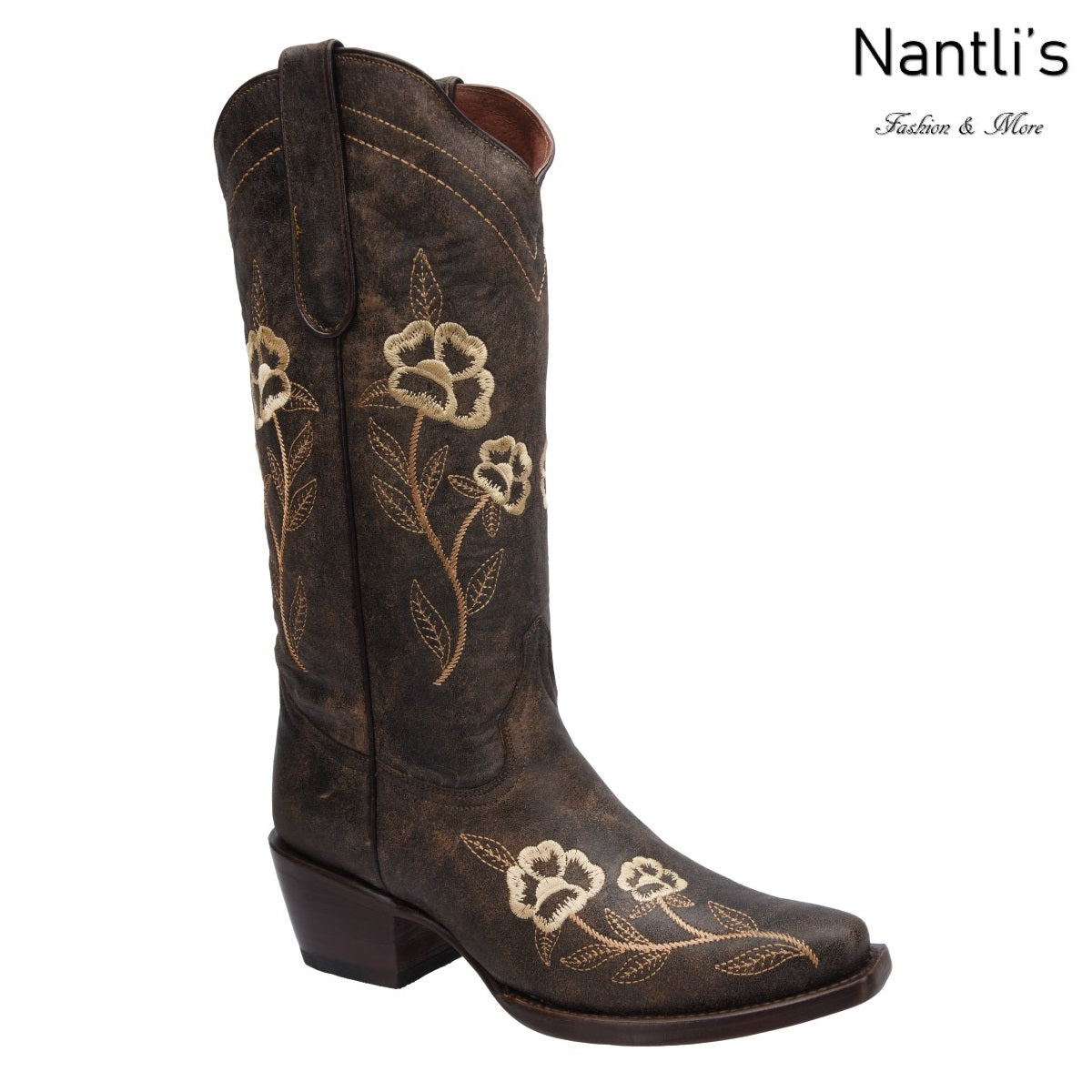 Brown cowboy boot with floral embroidery on a white background, featuring the brand 'Nantli's'.