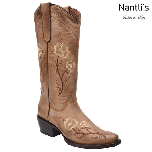 Brown cowboy boot with floral embroidery on a white background, featuring the brand 'Nantli's'.