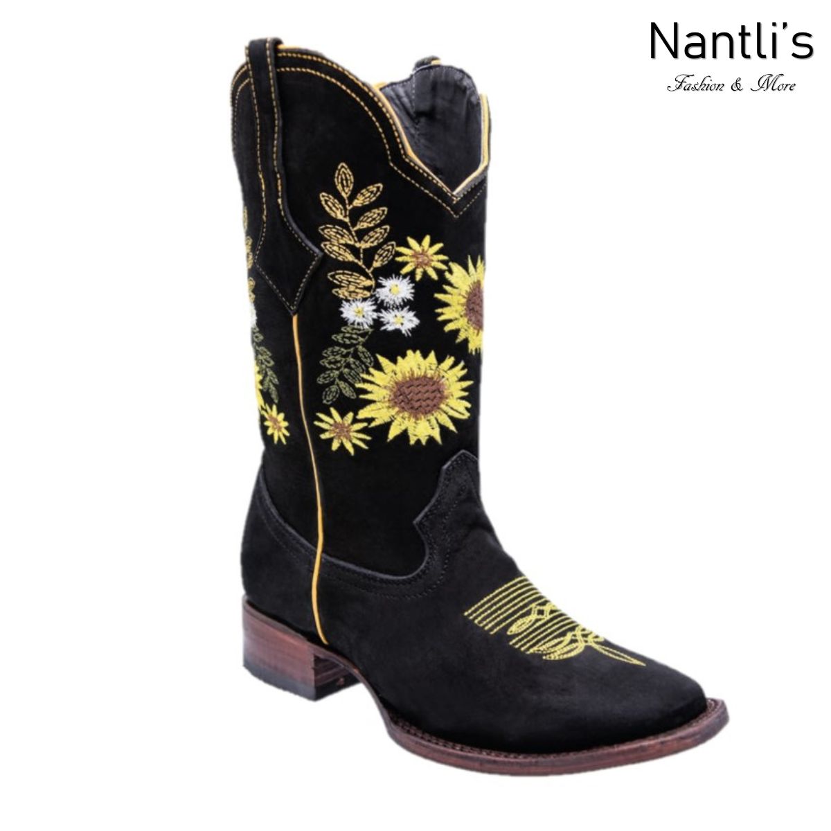 Black cowboy boot with floral embroidery on a white background, featuring the brand 'Nantlis'.