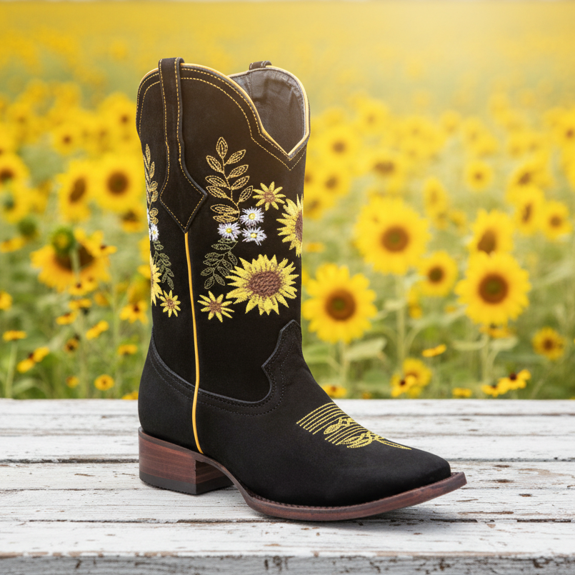 Black cowboy boot with floral embroidery on a wooden surface with a sunflower field in the background