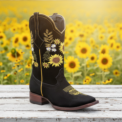 Black cowboy boot with floral embroidery on a wooden surface with a sunflower field in the background