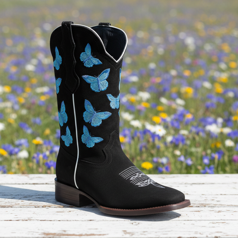 Black cowboy boot with blue butterfly patterns on a wooden surface with a field of flowers in the background