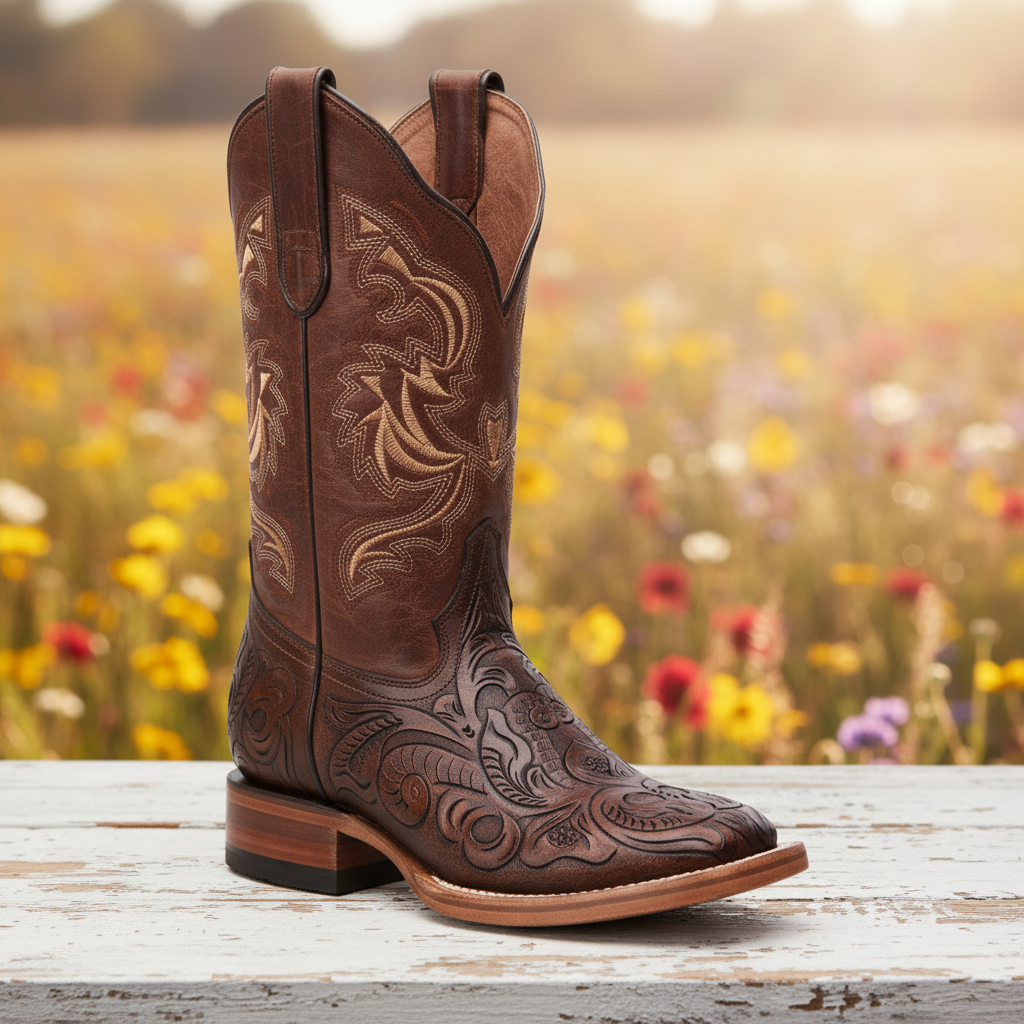 TM-WD12-0457 Brown cowboy boot with intricate patterns on a wooden surface with a blurred floral background