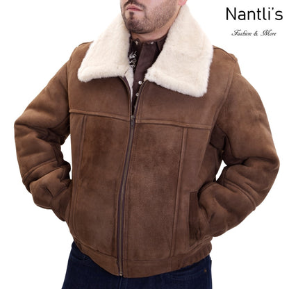 Brown suede jacket with white fur collar worn by a person, brand 'Nantli's' visible