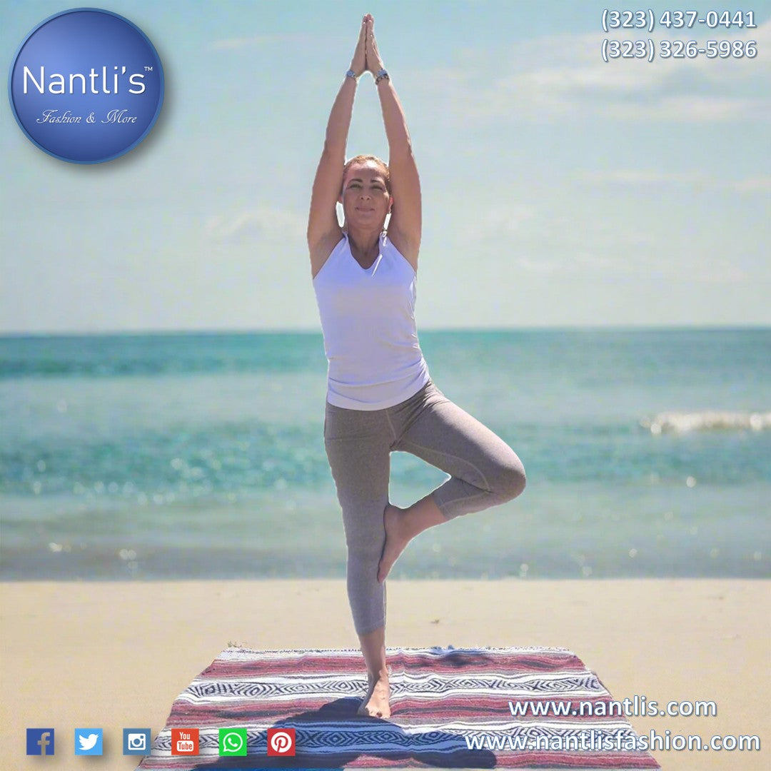 Yoga Mat Women using a zarape as yoga mat from Nantlis Mexican Zarapes