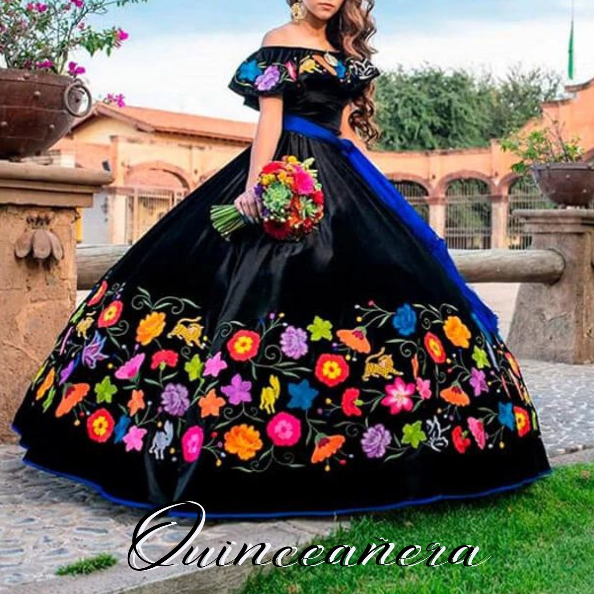 Quinceanera Dress Black with Embroidery Floral Charro Vestido De 15 Años Off the Shoulder Sweet 16 Prom Gowns