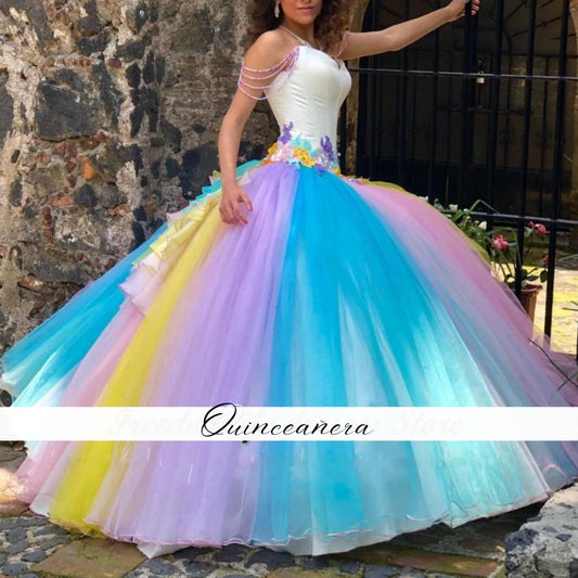 Quinceanera Dress Elegant Rainbow With 3D Applique Tulle Tassel Sweet 16 XV vestidos de 15 años