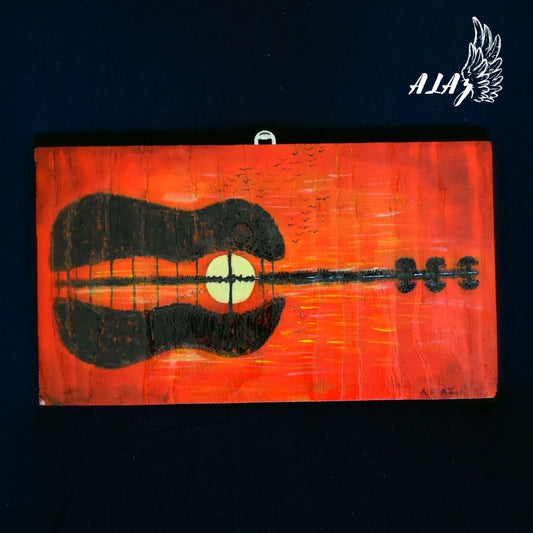 Guitar Silhouette Sunset Acrylic painting and Pyrography artwork by Nancy Alvarez and Mateo Ariaz