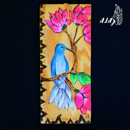 Happy Hummingbird Acrylic painting and Pyrography artwork by Nancy Alvarez 