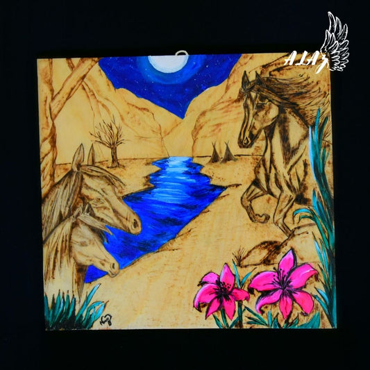 Horses at dusk Acrylic painting and Pyrography artwork by Nancy Alvarez and Mateo Ariaz