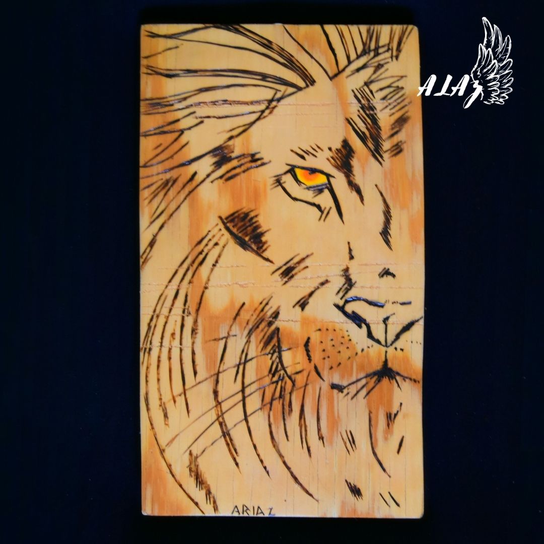 Lion eye Pyrography and Acrylic painting artwork by Nancy Alvarez and Mateo Ariaz