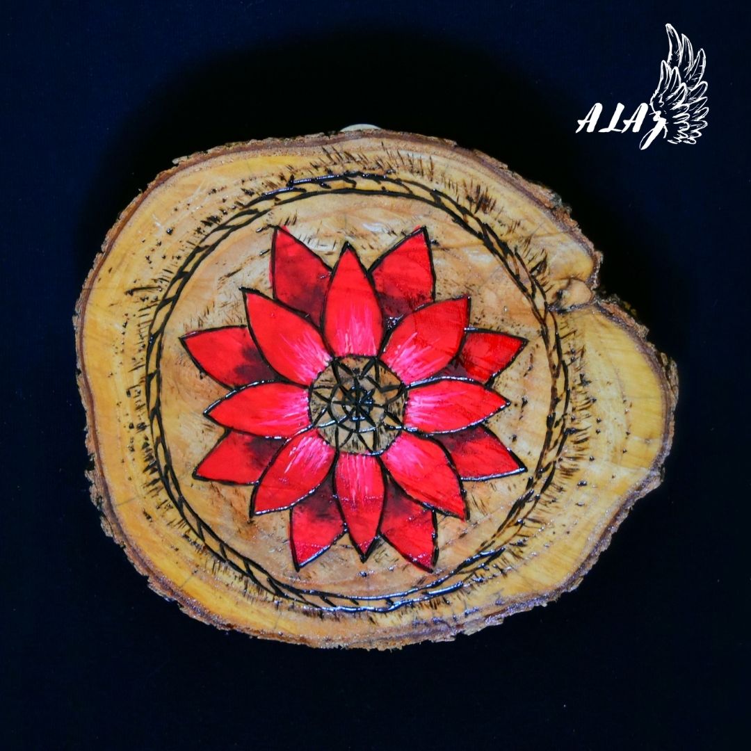 Red Flower Acrylic painting and Pyrography artwork by Nancy Alvarez and Mateo Ariaz