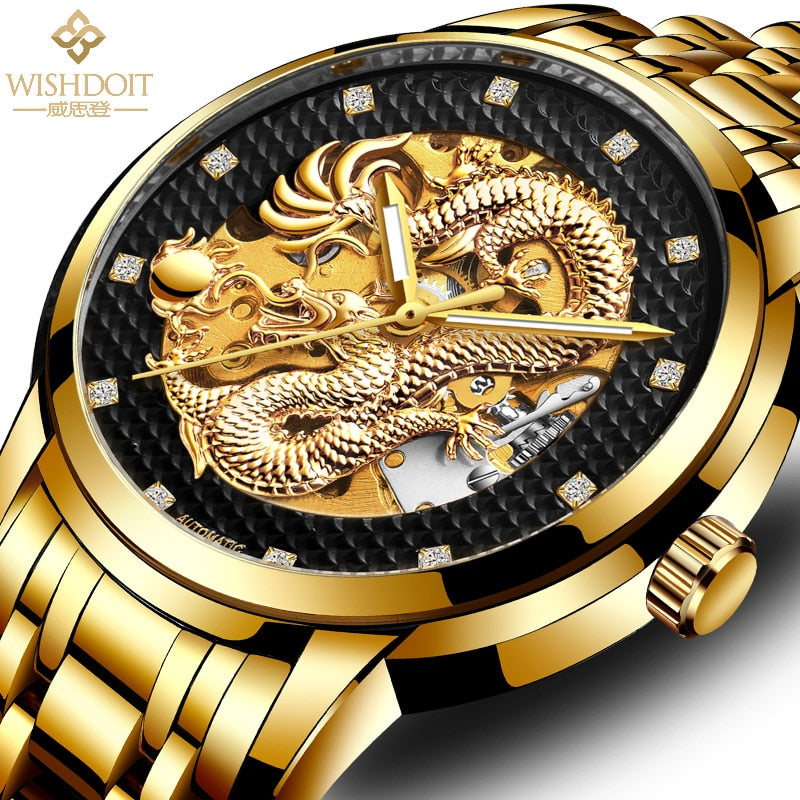 Reloj para hombre Men's Watch Chinese Style Large Dial Steel Belt Flying Dragon Watch Men's Automatic Mechanical Clock gold and black