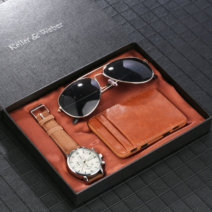 Watch Set Card Case Sunglass Gift Sets Quartz Roman Digital Dial Leather Strap Credit Wallet Practical Men Present