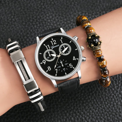 Reloj y Pulseras para hombre Men's Watch bracelets Set Fashion Gift Set Men's Quartz Leather Watch 2 Elastic Bracelets Exquisite Valentine's Day Gifts Box Kit for Boyfriend black silver