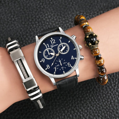 Reloj y Pulseras para hombre Men's Watch bracelets Set Fashion Gift Set Men's Quartz Leather Watch 2 Elastic Bracelets Exquisite Valentine's Day Gifts Box Kit for Boyfriend