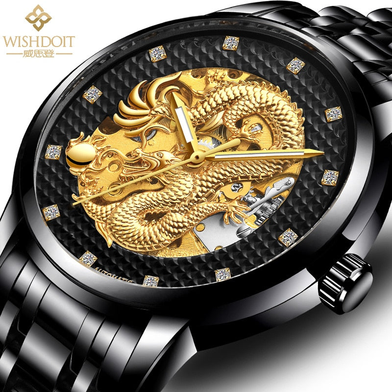 Reloj para hombre Men's Watch Chinese Style Large Dial Steel Belt Flying Dragon Watch Men's Automatic Mechanical Clock golden and black