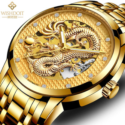 Reloj para hombre Men's Watch Chinese Style Large Dial Steel Belt Flying Dragon Watch Men's Automatic Mechanical Clock golden