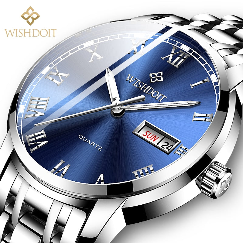 Reloj para hombre Men's Watch Men Watch Waterproof Luminous Stainless Steel Calendar Men watch Wristwatch silver blue