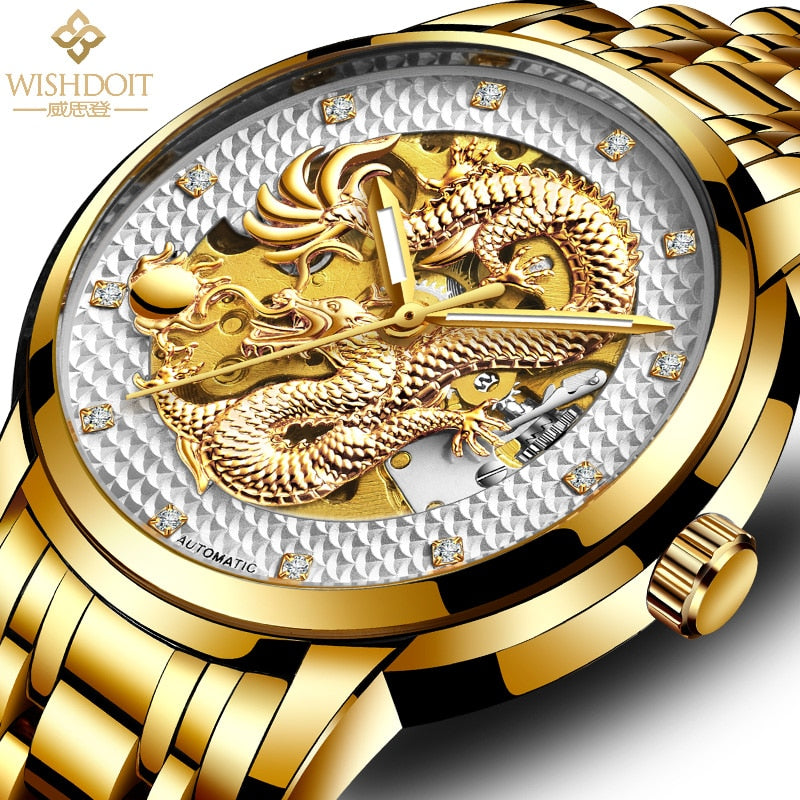 Reloj para hombre Men's Watch Chinese Style Large Dial Steel Belt Flying Dragon Watch Men's Automatic Mechanical Clock golden
