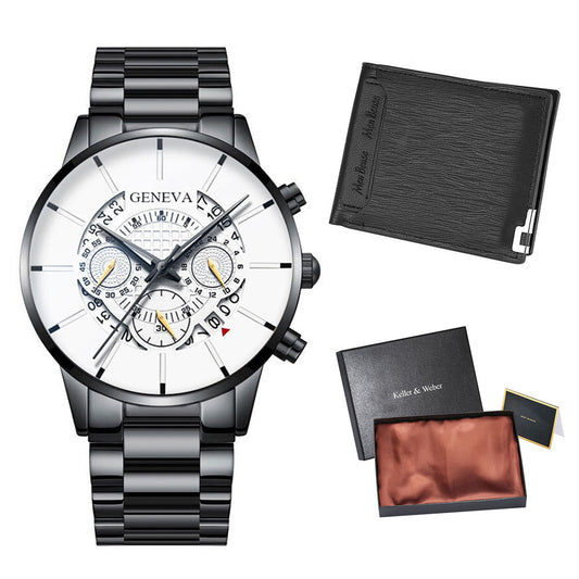 Watch Wallet Kit Men's Stainless Steel Quartz Watches Leather Card Wallet Holder Business Gift Set for Male